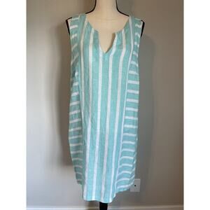 Sigrid Olsen 100% Linen Shift Dress Teal White Stripe Pockets Sleeveless Medium